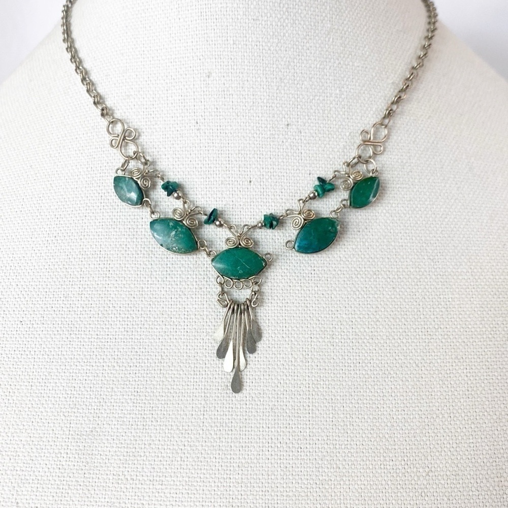 Elegant Silver and Malachite Teardrop Tassel Statement Necklace